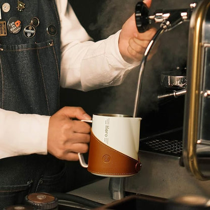 Milk Frothing Pitcher 450ml/16oz 304 Stainless Steel Espresso Steaming Pitcher with PU Leather, Milk Frothing Jug,milk frother cup,Milk Jug Cup,Premium Barista Tools,Latte Art (Black,20oz)