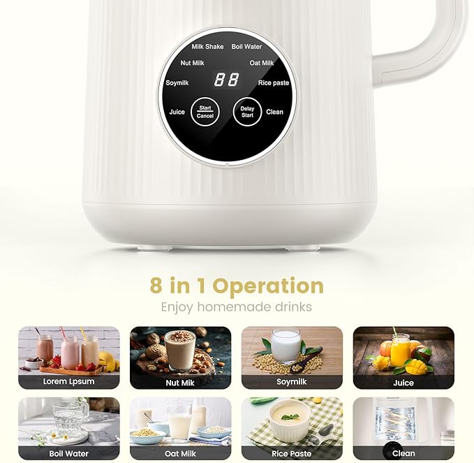 Nut Milk Maker Machine - 8 in 1 Soy Milk Maker Machine 40 Oz with Self-Cleaning, 24H Delay Start & 12H Keep Warm, Automatic Plant-Based Milk Blender for Almond, Oat, Coconut, Soybean (White)