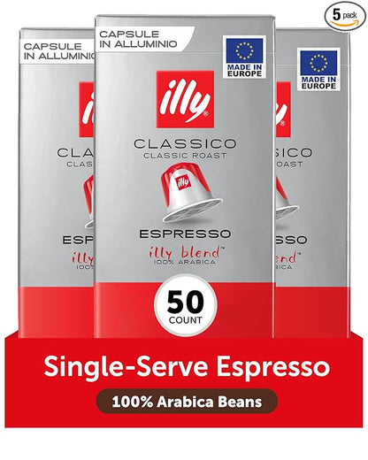 illy Aluminum Espresso Capsules - Compatible with Nespresso Machines - Classico Medium Roast Coffee- Mild&Balanced-Notes of Caramel,Orange Blossom&Jasmine Single Serve Capsules - 10 Count (Pack of 5)