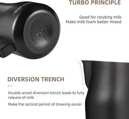 MHW-3BOMBER Milk Frothing Pitcher 450ml/15.2oz Milk Frother Cup Espresso Steaming Pitcher Stainless Steel Milk Frother Cup Barista Latte Art Black Gold - P6016S