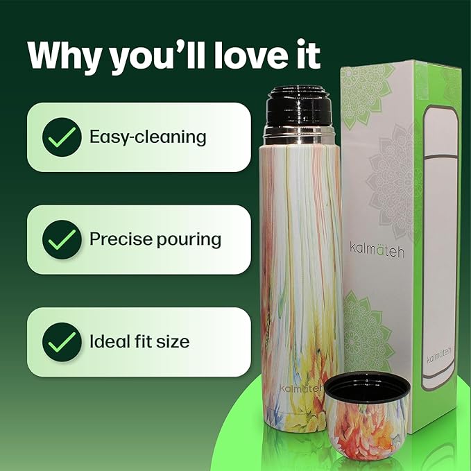 KALMATEH Modern & Elegant Double Walled Vacuum Insulated Stainless Steel Thermo Bottle 1000 ml, Precise Pouring & Heat Retention For Yerba Mate, Coffee, Tea, and Camping