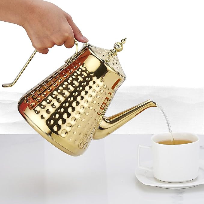 SANQIAHOME 1.6L(54oz) Stainless Steel Hammer Patterned Teapot With Removeable Infuser,Loose leaf cover,Gold
