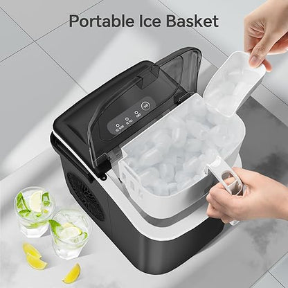 Crzoe Countertop Ice Maker Machine with Handle,26Lbs/24H,9 Cubes Ready in 6 Mins,Self-Cleaning Function with Ice Scoop and Basket for Home/Office(Deeply Black)
