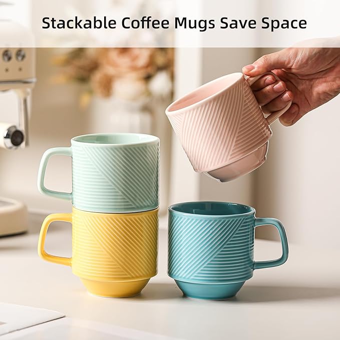 Stackable Coffee Mugs Set: 13 oz Ceramic Stacking Cups for Cappuccino Latte Tea - Microwave Safe Mug for Home & Office - 4 PCS, Light Color