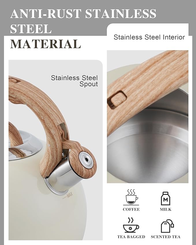 Tea Kettle Stovetop,2.7QT Stainless Steel Whistling Teapot for Stove Top Aesthetic,Portable Water Kettles Camping with Anti-hot Silicone Handle,Suitable for All Heat Sources,Milky White