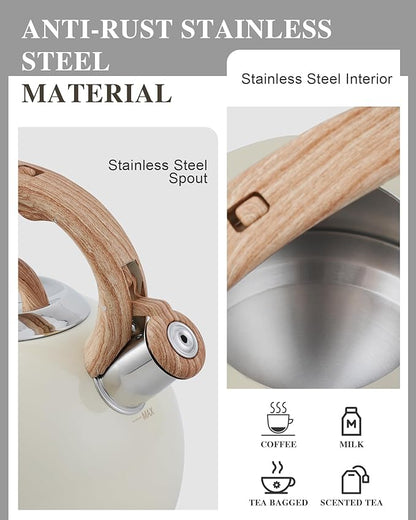 Tea Kettle Stovetop,2.7QT Stainless Steel Whistling Teapot for Stove Top Aesthetic,Portable Water Kettles Camping with Anti-hot Silicone Handle,Suitable for All Heat Sources,Milky White