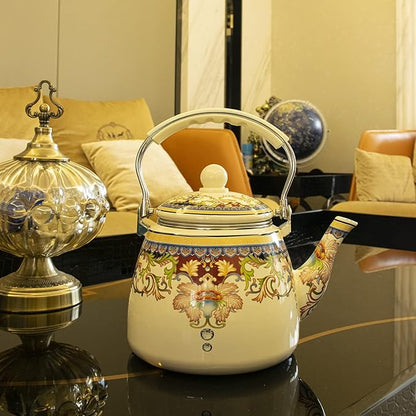 Floral Ceramic Enamel Teapot Tea Kettle for Stovetop,Large Porcelain Enameled Teakettle (3.3QT Mystery flower)