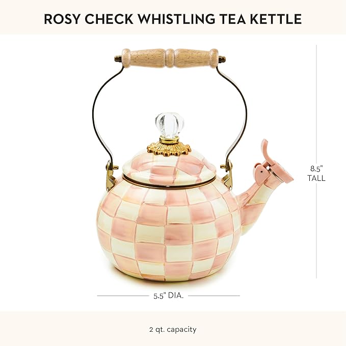 MACKENZIE-CHILDS Enamel Whistling Tea Kettle, Decorative Teapot, Pink-and-White Rosy Check