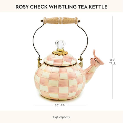 MACKENZIE-CHILDS Enamel Whistling Tea Kettle, Decorative Teapot, Pink-and-White Rosy Check