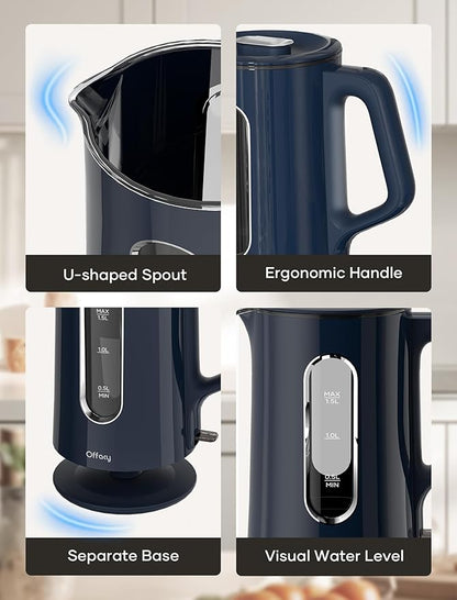 Offacy Electric Kettle, Tea Kettle Pot, Double Wall Glass Inner 1.5L/1200W, Hot Water Kettle Teapot Boiler & Heater with Automatic Shut Off, BPA-Free & LED Indicator Lights (Navy Blue)