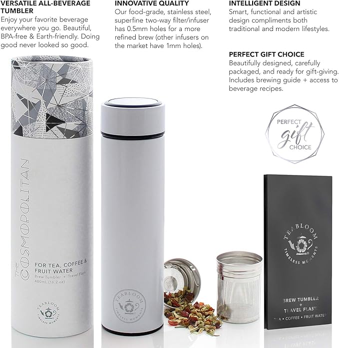 Teabloom - The ORIGINAL All-Brew Travel Tumbler & Thermos | OPRAH’s Favorite | 16oz/480ml Insulated Water Bottle/Tea Flask/Cold Brew Coffee Mug