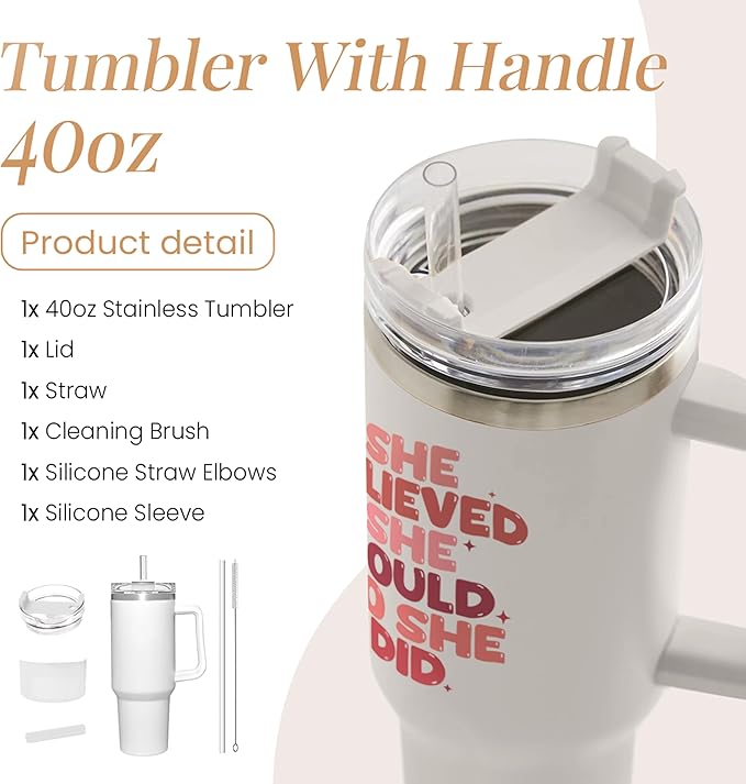 SANDJEST Graduation Gifts for Women She Believed She Could So She Did Tumbler 40oz Stainless Steel Insulated with Handle and Straw, New Job, Going Away, Inspirational Gifts for Her