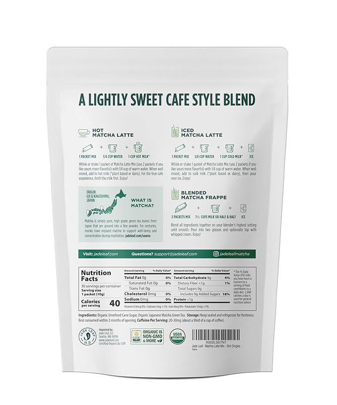 Jade Leaf Matcha Organic Cafe Style Sweetened Matcha Latte Green Tea Powder, Premium Barista Crafted Mix - Authentically Japanese, 30 Count (0.35 Ounce Stickpacks)