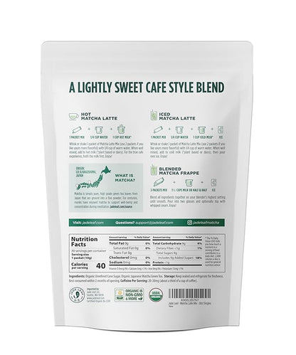 Jade Leaf Matcha Organic Cafe Style Sweetened Matcha Latte Green Tea Powder, Premium Barista Crafted Mix - Authentically Japanese, 30 Count (0.35 Ounce Stickpacks)