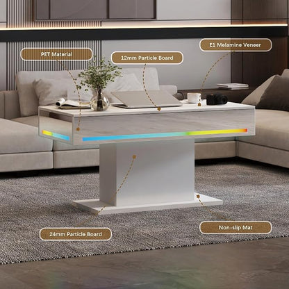 Led Coffee Table for Living Room, Living Room Table Rectangular Center Table, Modern Wooden Coffee Tables with 16 Colors LED Lights for Dining Reception Room