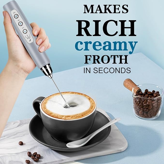 Milk Frother Handheld for Coffee, Electric Whisk 3 Speed Adjustable, Drink Mixer with Stainless 3 Whisks, Rechargeable Hand Frother Wand, for Latte Cappuccino Hot Chocolate Egg Cement Gray
