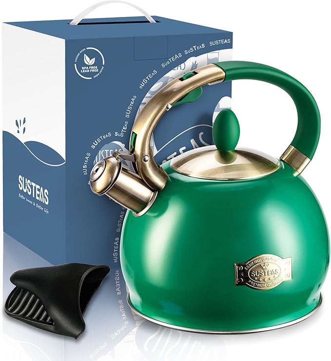 SUSTEAS Stove Top Whistling Tea Kettle - Food Grade Stainless Steel Teakettle Teapot with Cool Touch Ergonomic Handle, With 1 Silicone Pinch Mitt Included, 2.64 Quart (Green)