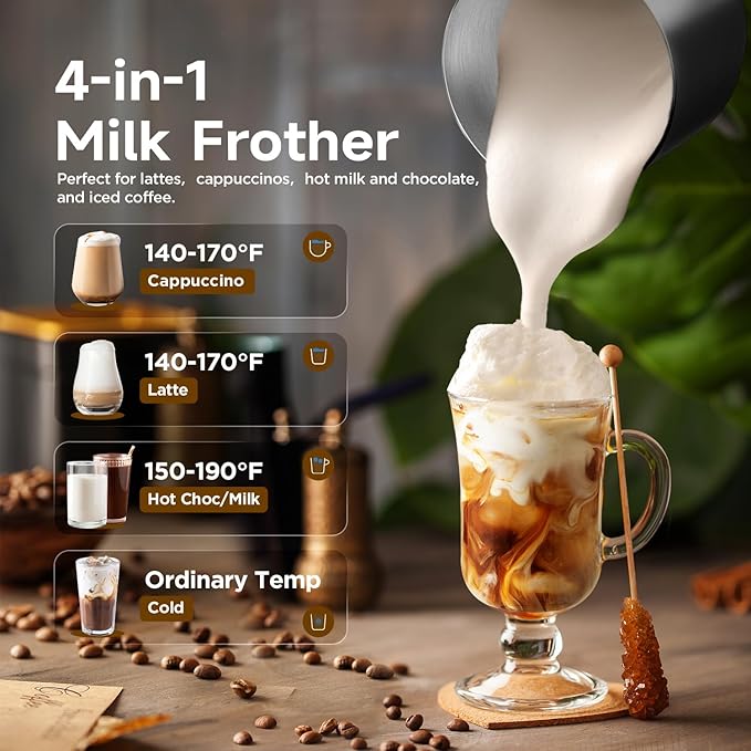 Detachable Milk Frother, Food Grade Stainless Steel 17oz Electric Milk Steamer, Easy Clean with Dishwasher Safe, Automatic Hot/Cold Foam Maker, Hot Chocolate Maker, 120V, Black