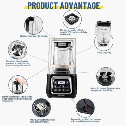 CRANDDI Commercial Smoothie Blender, 2200W High-Power Smart Blender with 4 Pre-Programmed Cycles, Professional Blenders with Removable Shield, 52oz BPA-free Jar, Upgraded Blade, K80 (Black)