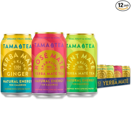 Sparkling Yerba Mate Variety Pack by Tama Tea - Unsweetened Natural Energy Drink with Real Fruit & Herbs - Healthy Caffeine Drink Alternative - 120mg of Caffeine, 10 Calories - 12oz Pack of 12