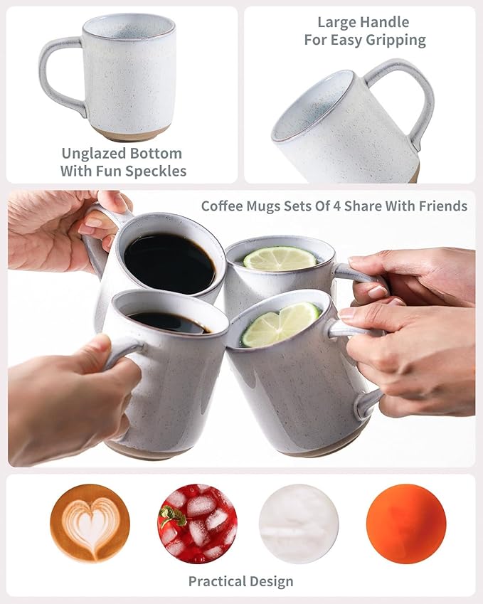 HASENSE Coffee Mugs, 12 OZ Coffee Cups Ceramic Set of 4 with Handle and Speckled Patterns for Man Woman, Vintage Stoneware Porcelain Coffee Cups Set for Tea, Cocoa, Milk, Latte and Cappuccino - White