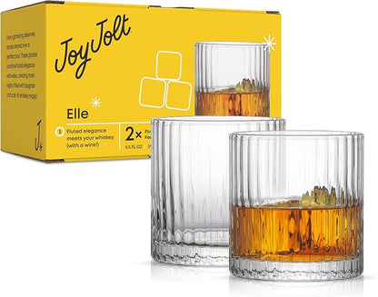 JoyJolt Elle 10oz Double Old Fashioned Whiskey Glasses - Set of 2, Lead-Free Glassware, Dishwasher Safe, Vintage Style Drinking Glasses
