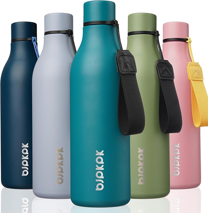 BJPKPK Insulated Water Bottles, 25 oz Stainless Steel Metal Water Bottle with Strap, BPA Free Leak Proof Jugs, Mugs, Flasks, Reusable Thermal Flasks for Sports & Travel, Lake Blue