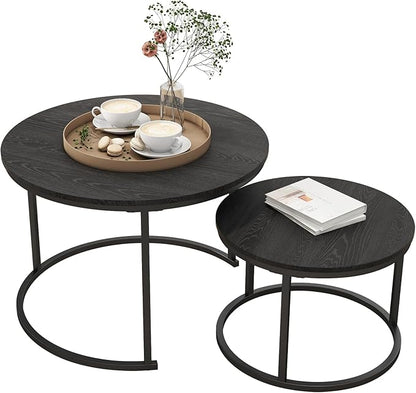 Small Coffee Table Set of 2, Round End Tables for Living Room, Modern Black Nesting Tables, Farmhouse Wood Side Table With Metal Frame, Easy Assembly, Stacking