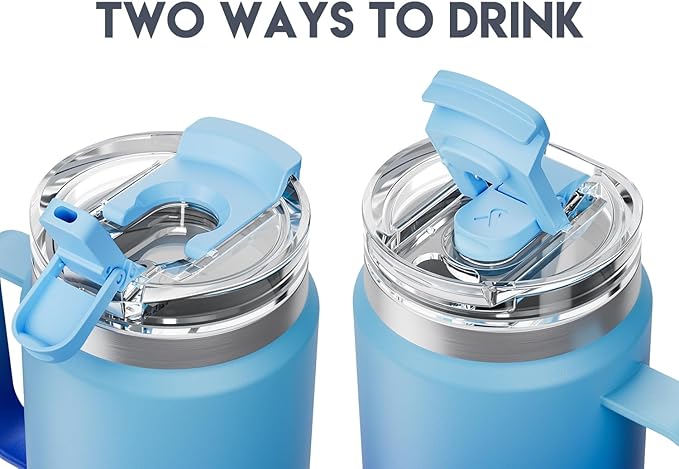 Meoky 32oz Tumbler with Handle, Stainless Steel Travel Mug with 2-in-1 Straw and Sip Lid, Vacuum Insulated Coffee Mug, 100% Leak Proof, Keeps Cold for 24 Hours or Hot for 8 Hours (Sky)