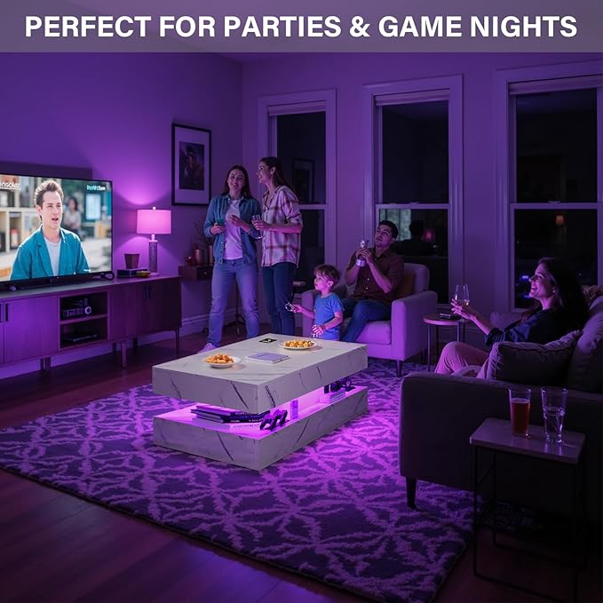 LED Coffee Table, 47.2" Coffee Tables with Storage Drawers, Smart Living Room Table with Wireless Charging & Bluetooth Speaker,Modern Center Tables for Living Room, White Marble