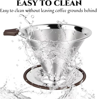 Reusable Paperless Coffee Filter V60,Coffee Dripper,Professional Stainless Steel Drip Cone Brew Coffee Strainer,Double Micro Mesh Filter,Coffee Filter Mug,Silicone Handle & Non-Slip Silicone Base (M)