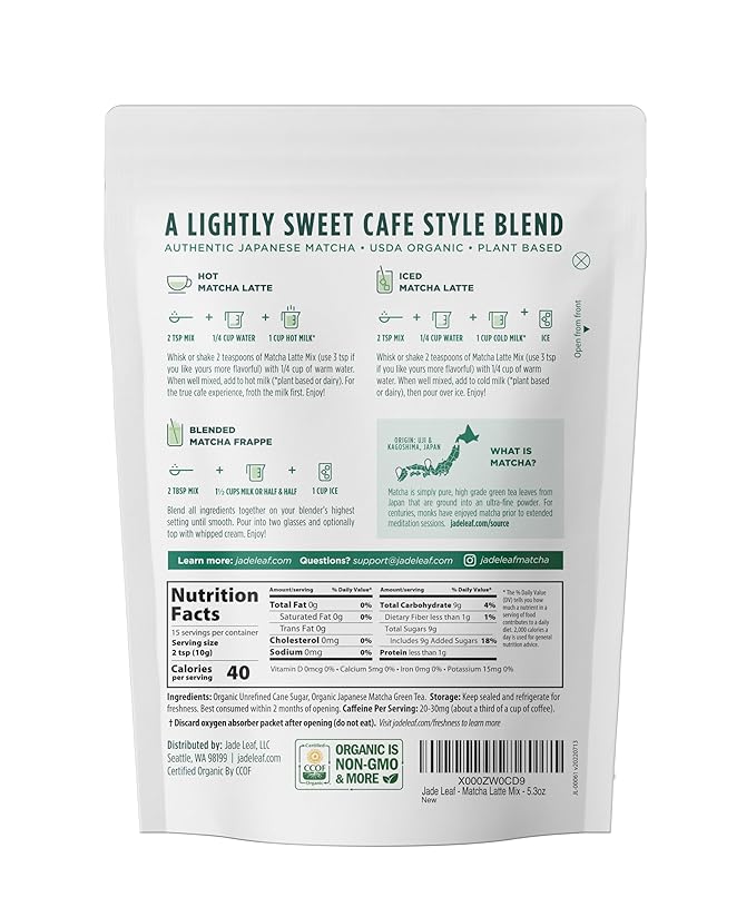 Jade Leaf Matcha Organic Café Style Sweetened Matcha Latte Premium Barista Crafted Mix - Original - Authentically Japanese (5.3 Ounce Pouch)
