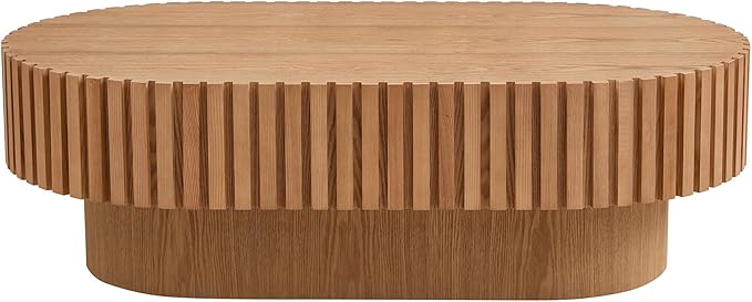 43.7 Inch Oval Drum Coffee Table, Modern Handcraft Fluted Drum Coffee Table, Wooden Oval Cocktail Tea Table Center Table with Sturdy Pedestal for Living Room Apartment (Natural)
