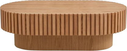 43.7 Inch Oval Drum Coffee Table, Modern Handcraft Fluted Drum Coffee Table, Wooden Oval Cocktail Tea Table Center Table with Sturdy Pedestal for Living Room Apartment (Natural)