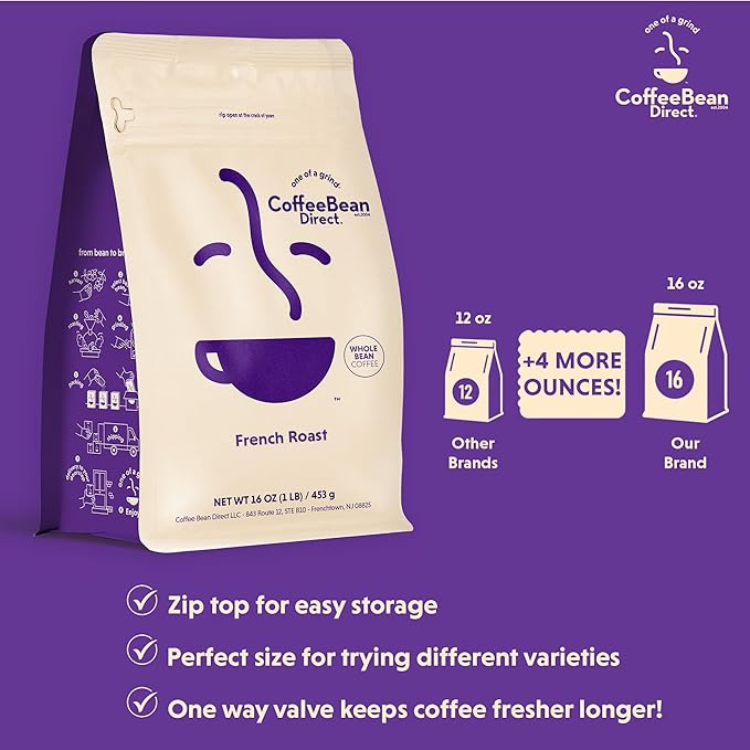 Coffee Bean Direct French Roast, Whole Bean Coffee, Dark Roast, 1 Pound Bag (Pack of 1)