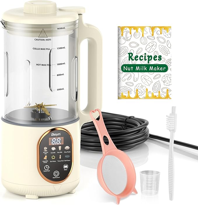 Beyn 60oz Nut Milk Maker Machine with 48-Leaf Titanium Blades，10-in-1 Automatic Plant-Based Milk Maker for Homemade Oat, Soy, Almond, Juice & More，Temp Hold, Delay Start, Boil &Auto Clean