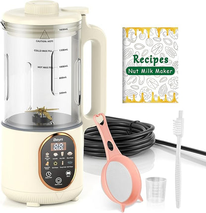 Beyn 60oz Nut Milk Maker Machine with 48-Leaf Titanium Blades，10-in-1 Automatic Plant-Based Milk Maker for Homemade Oat, Soy, Almond, Juice & More，Temp Hold, Delay Start, Boil &Auto Clean