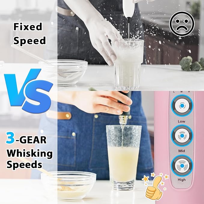 Milk Frother Rechargeable Handheld - Electric Whisk 3 Speed Adjustable, Coffee Frother Wand with 3 Stainless Whisks, Electric Foam Maker, Drink Mixer Blender for Latte Cappuccino Matcha Egg