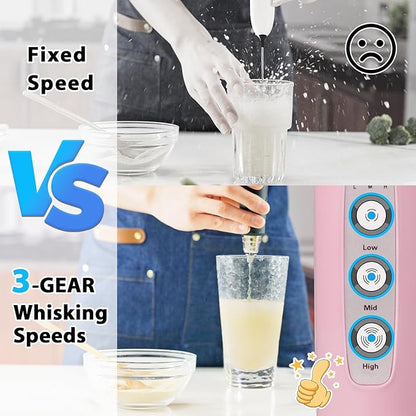 Milk Frother Rechargeable Handheld - Electric Whisk 3 Speed Adjustable, Coffee Frother Wand with 3 Stainless Whisks, Electric Foam Maker, Drink Mixer Blender for Latte Cappuccino Matcha Egg