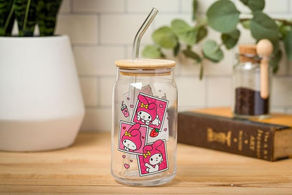 Silver Buffalo Sanrio Hello Kitty and Friends My Melody Polaroids Glass Jar Tumbler with Bamboo Lid and Glass Straw, 16 Ounces