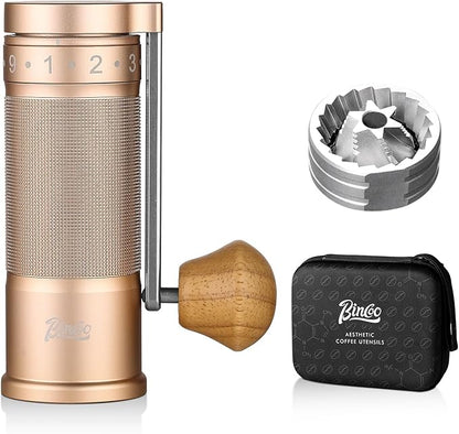 Bincoo Manual Coffee Grinder with Foldable Handle– External Setting Hand Coffee Grinder with Steel Burr,Compact and Portable for Home/Travel/Camping(Champagne)