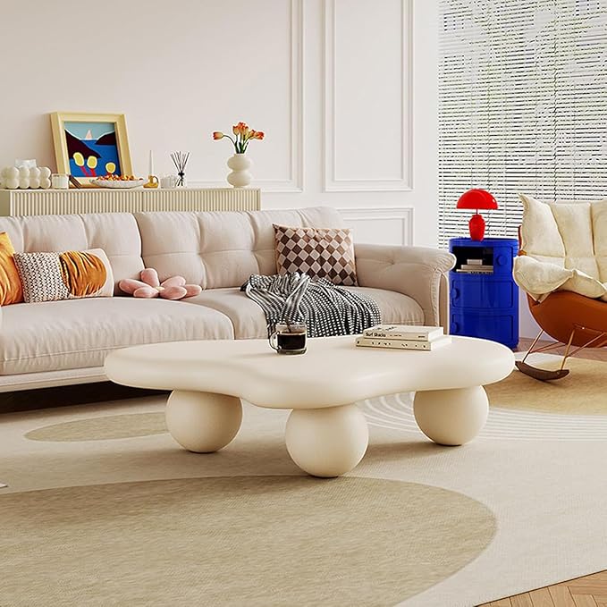 Irregular Cloud Coffee Table with 3 Stable Durable Ball Legs Asymmetrical Chic Low Center Table - Spacious Table for Cups Snacks Fruits Photo (F-47.24in)