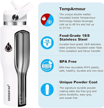 SENDESTAR 40oz Water Bottle Wide Mouth Stainless Steel Vacuum Insulated Double Wall with 2 Straw Lids Fit in Any Car Cup Holder