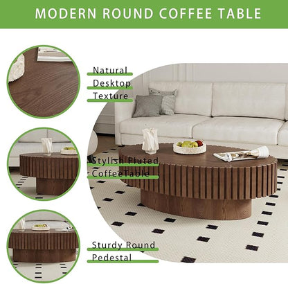 Handmade Wood Oval Coffee Table - Contemporary Style for Living Room, Pedestal Design & Easy Assembly (Walnut)