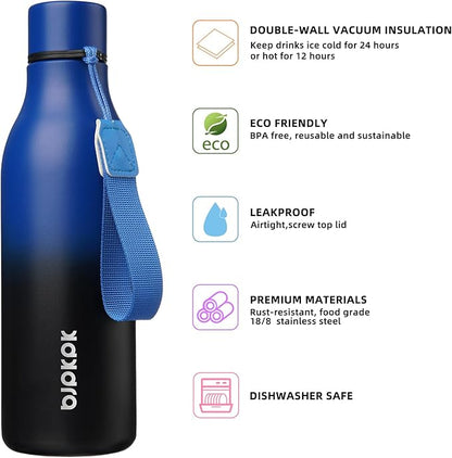 BJPKPK Insulated Water Bottle, 18 oz Stainless Steel | Leak Proof | Blue Black | Pack of 2 | For Sports & Travel