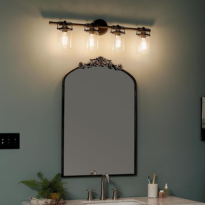 Kichler Brinley 32.25" Vanity Light in Olde Bronze®, 4-Light Farmhouse Bathroom Light with Clear Glass, (32.25" W x 10" H), 45690OZ