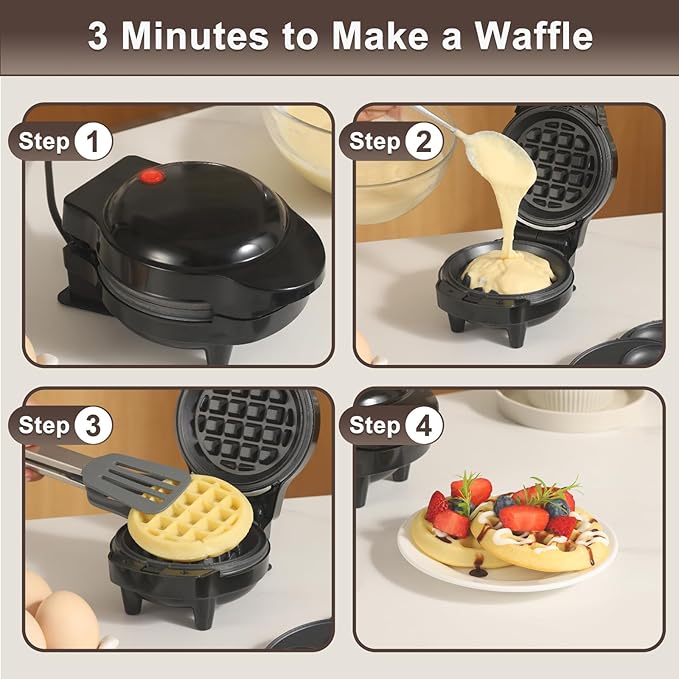 Mini Waffles Maker with 8 Removable Plates, 4 in 1 Small Waffle Maker Mini- Waffle, Heart Waffle, Pancake, Donut, 4.5" Non Stick Waffle Iron for Kids and Families, Black