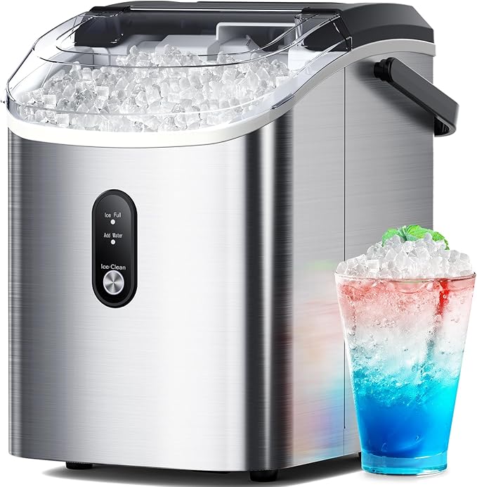 Nugget Ice Maker Countertop - Pebble Ice Maker with Self-Cleaning, 35lbs/Day, Ready in 6 Mins, Portable Sonic Ice Machine with Handle, Basket & Scoop for Home, Kitchen, RV, Outdoor (Silver)