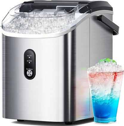 Nugget Ice Maker Countertop - Pebble Ice Maker with Self-Cleaning, 35lbs/Day, Ready in 6 Mins, Portable Sonic Ice Machine with Handle, Basket & Scoop for Home, Kitchen, RV, Outdoor (Silver)