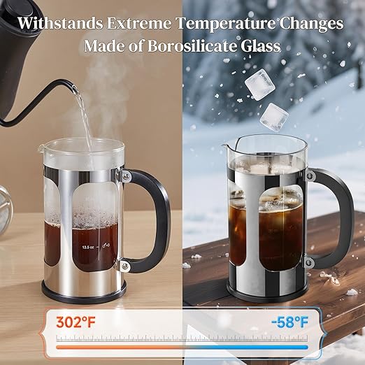 Veken French Press Coffee Maker 34oz 1 L, Heat Resistant Thickened Borosilicate Glass, No Plastic Touching Cafe, Stainless Steel Brewer, Cold Brew Cafetera Teapot for Kitchen Travel Camping, Silver